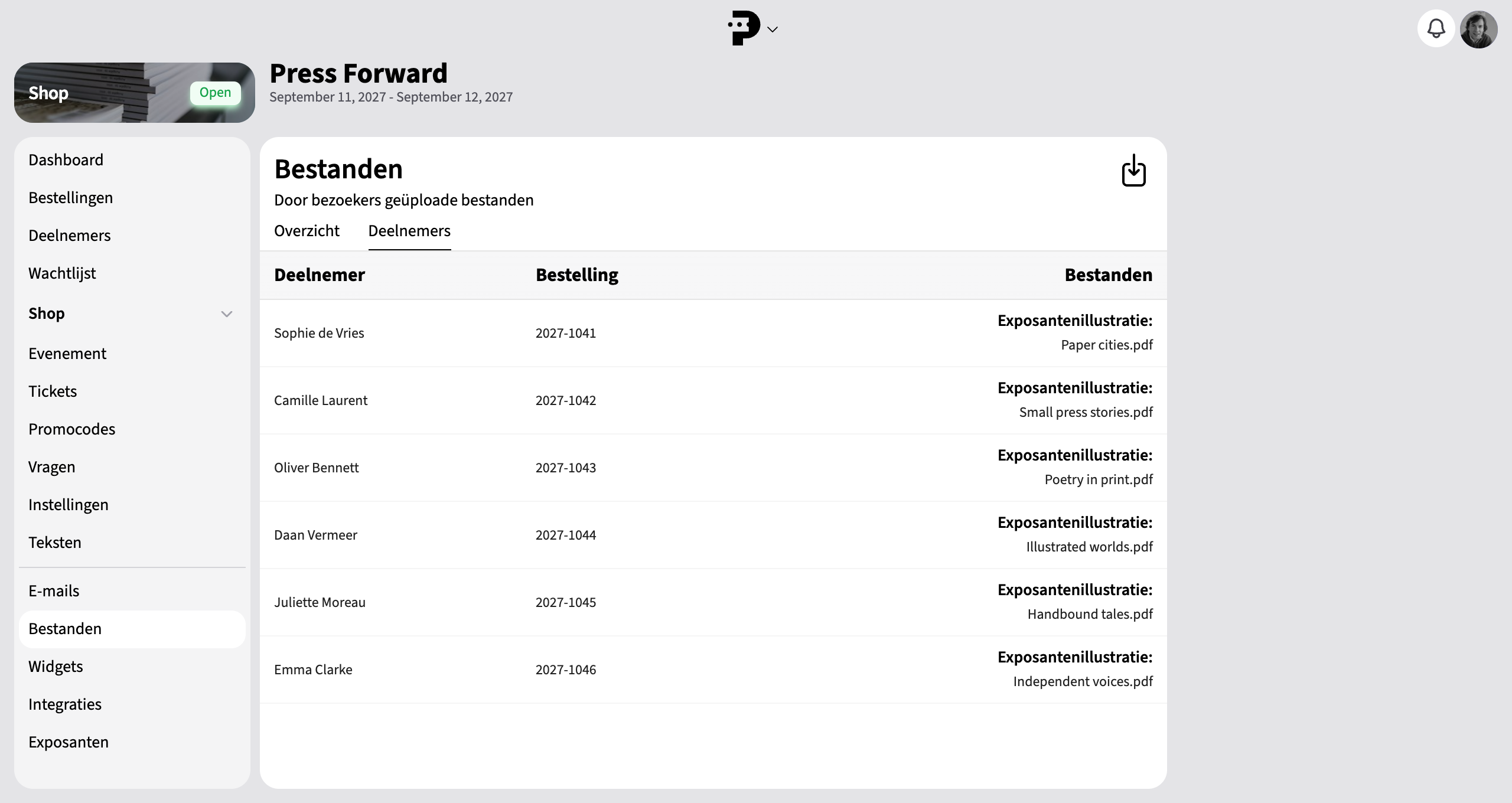 Overzicht van uploads van deelnemers